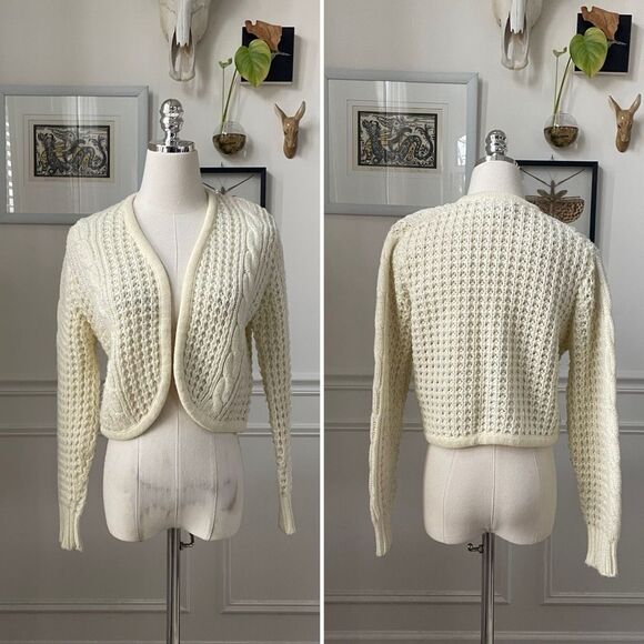 Vintage Sweaters - Vintage 80s Exclusive Imports Cropped Cardigan Sweater Fisherman Knit Ivory S M